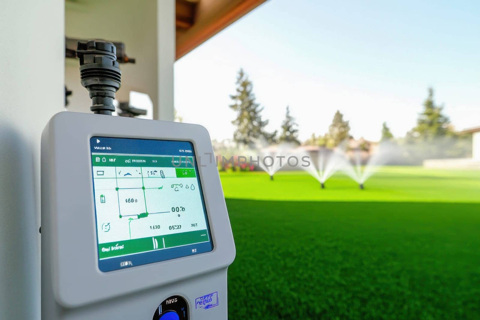 Smart garden irrigation controller managing water sprinklers, ensuring efficient watering and a lush green lawn