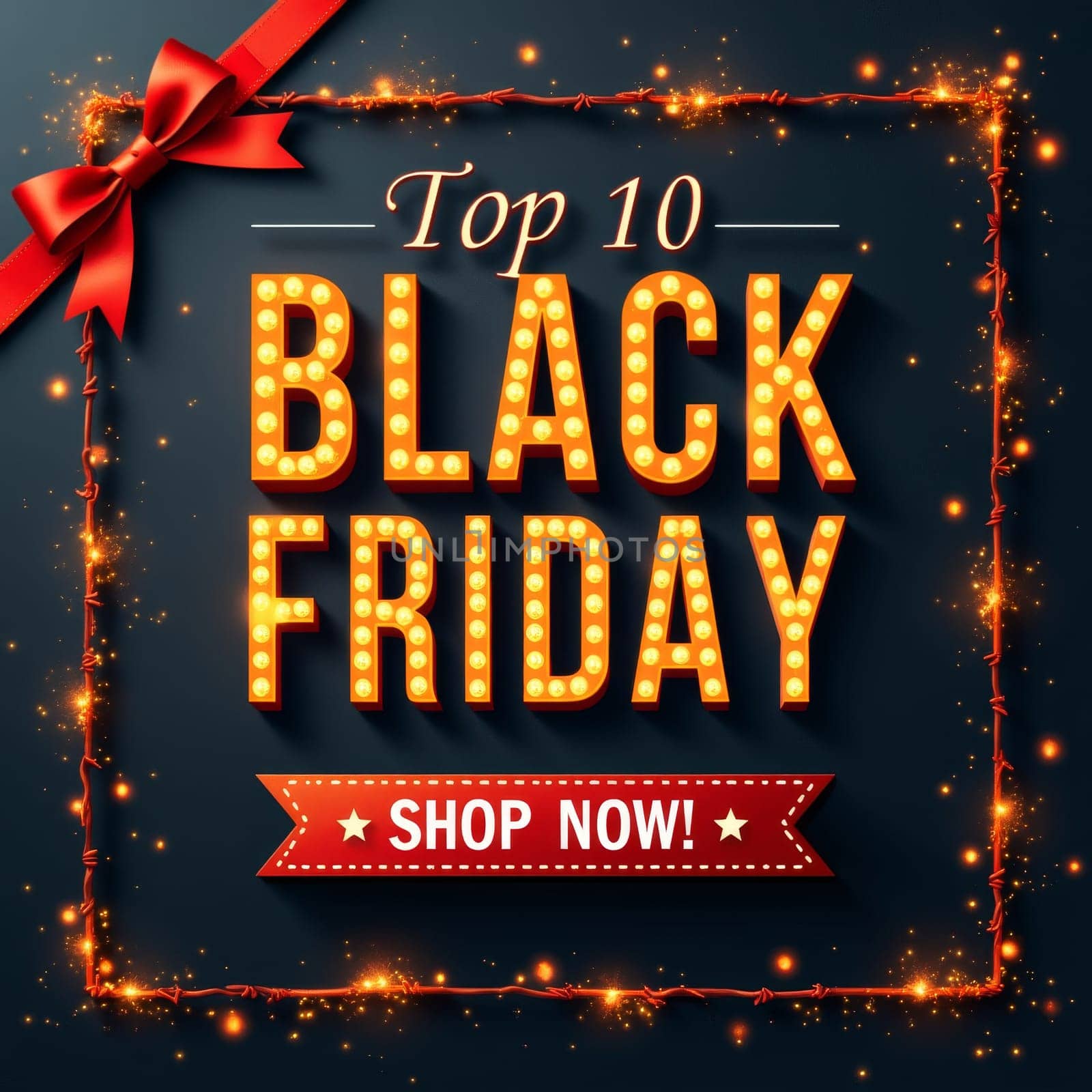 Glowing 'Top 10 Black Friday' text surrounded by sparkling lights and red ribbon on dark background, promoting holiday shopping with 'Shop Now!' call to action.
