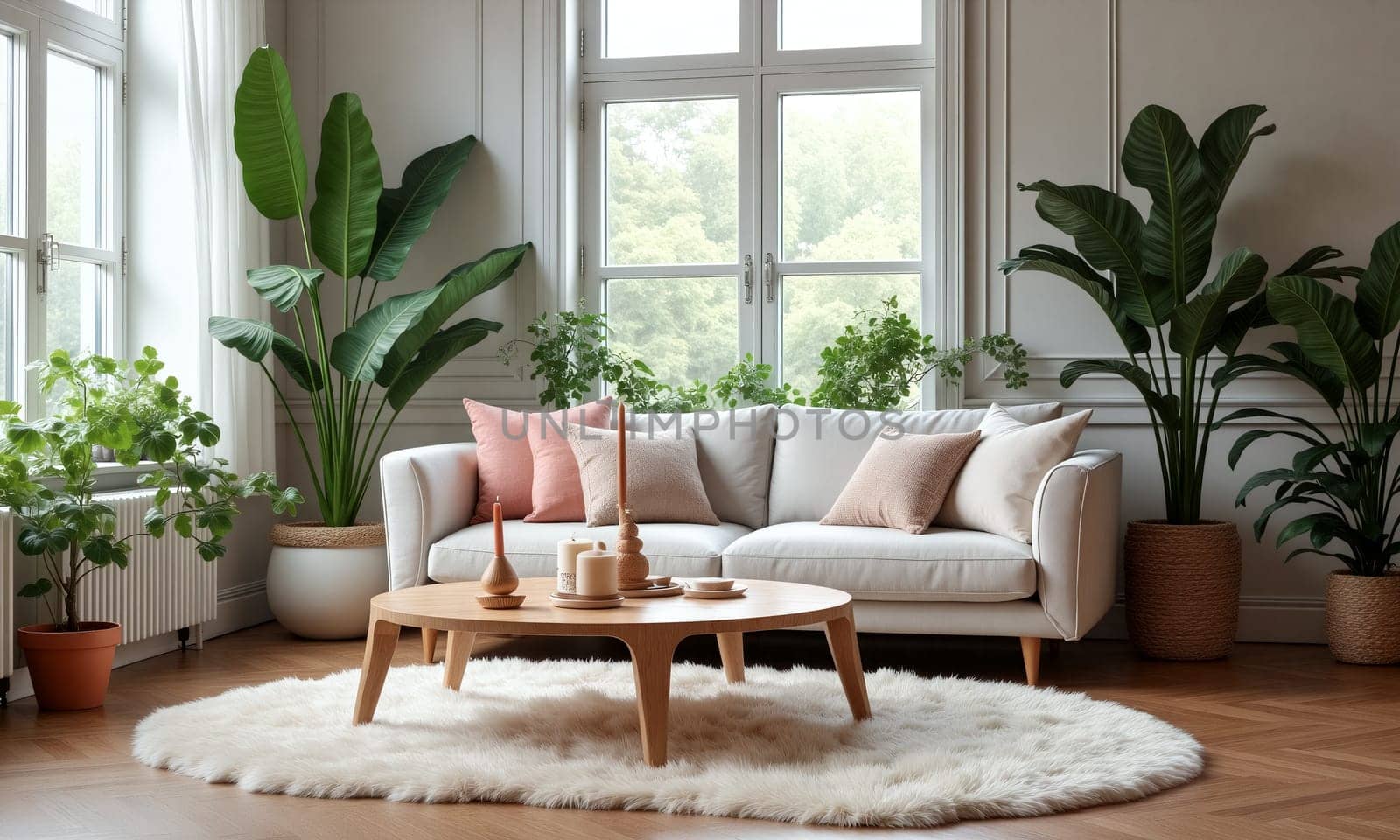 The living room features a comfortable white sofa adorned with pastel cushions, surrounded by lush indoor plants and a warm wooden coffee table - Generative AI