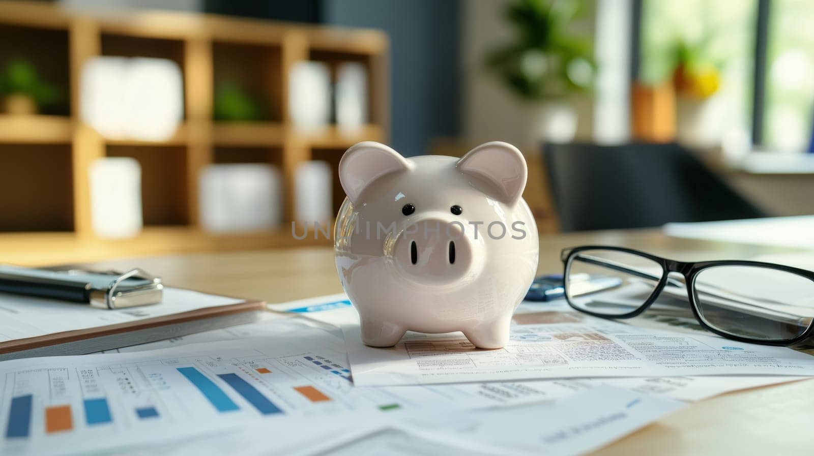 A pink piggy bank sits atop a desk covered with financial documents, charts, retirement brochures, and reading glasses. the scene conveys the concept of saving and planning for retirement, emphasizing financial security and future preparation.