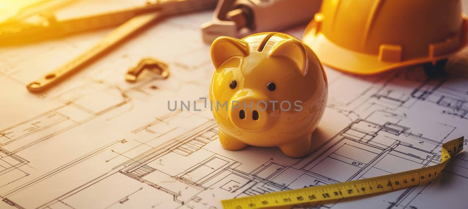 Piggy bank placed on a construction site blueprint, surrounded by small tools, hard hat, and measuring tape, symbolizing financial planning and saving for home construction or renovation. highlights the concept of building a budget for future projects.