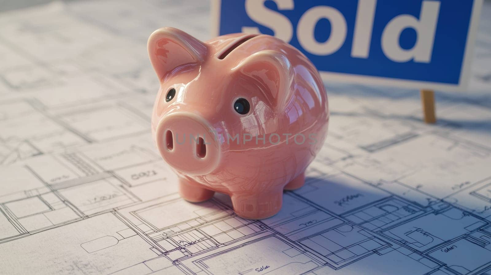 A piggy bank shaped like a house sits on a detailed blueprint, accompanied by a sold sign, symbolizing the concept of saving for a home purchase or investing in real estate. emphasizes financial planning and real estate growth.