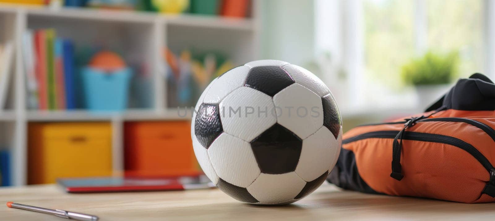 A soccer ball-shaped piggy bank sits on a child's desk, surrounded by sports equipment and colorful pencils, symbolizing financial planning for sports activities, savings, and the importance of budgeting from a young age.