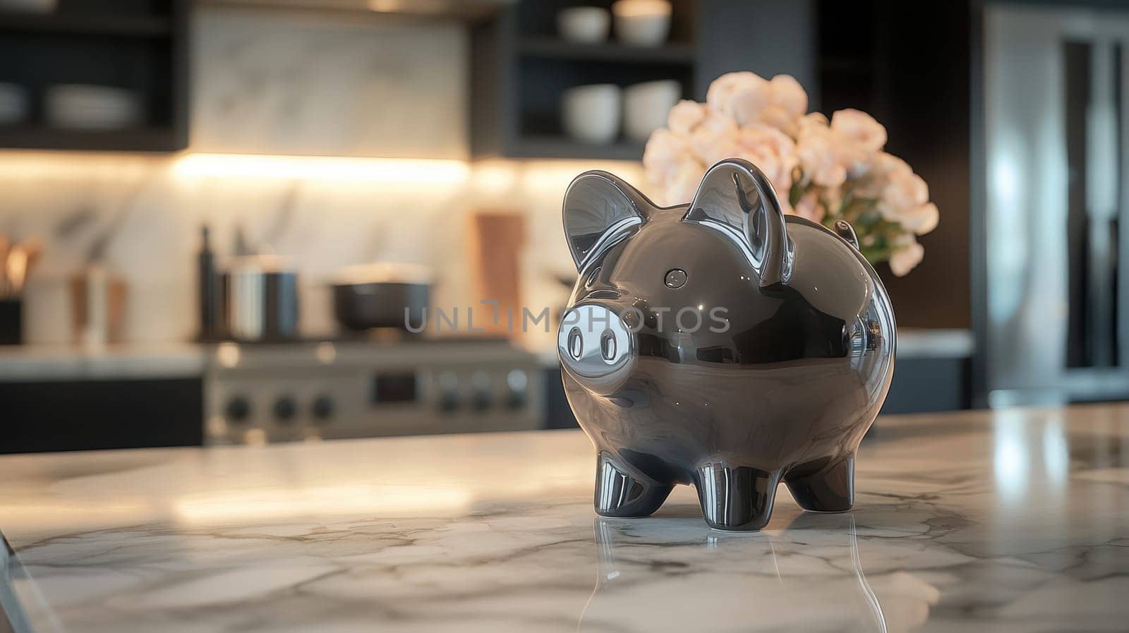 Sleek piggy bank displayed on a marble countertop in a high-end kitchen interior, embodying modern luxury and financial savings. the elegant setting highlights sophistication, blending contemporary design with practical functionality.