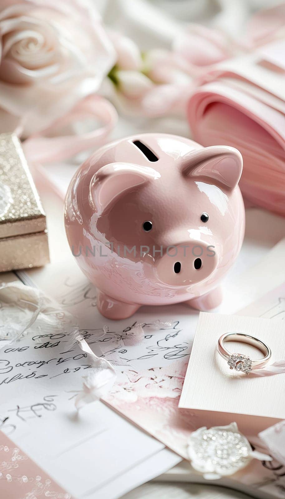 A pastel piggy bank on a wedding planner's desk signifies saving for a wedding. surrounding it are wedding invitations, sample fabrics, and a ring box. the elegant setup features delicate floral arrangements, embodying romance and planning.