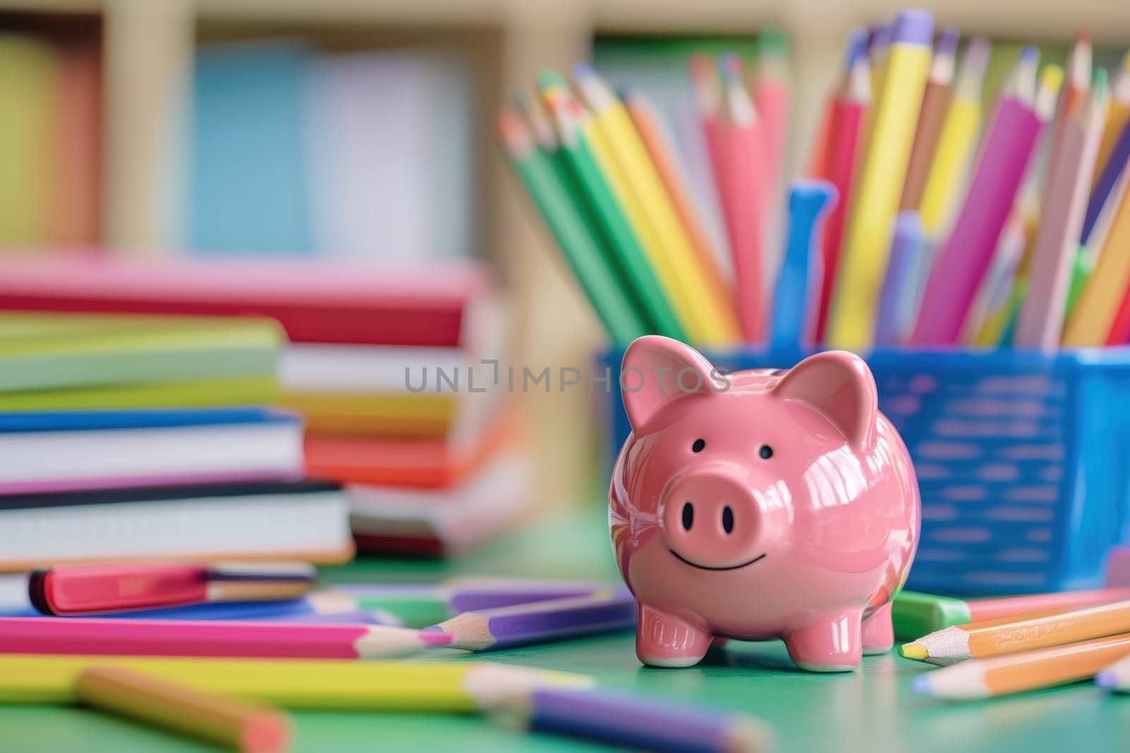 Piggy bank on a classroom desk surrounded by colorful school supplies like pencils, books, and chalk, symbolizing the importance of saving for educational resources. the background includes vibrant educational charts.