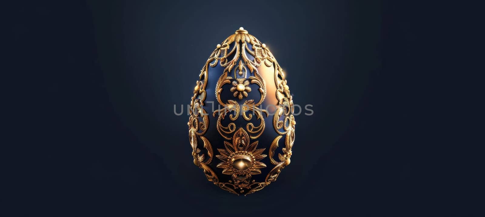 A sophisticated easter card design showcases a golden faberge-style egg with intricate ornate details. the egg is illuminated softly against a deep navy blue background, exuding a sense of luxury and elegance ideal for festive print designs.
