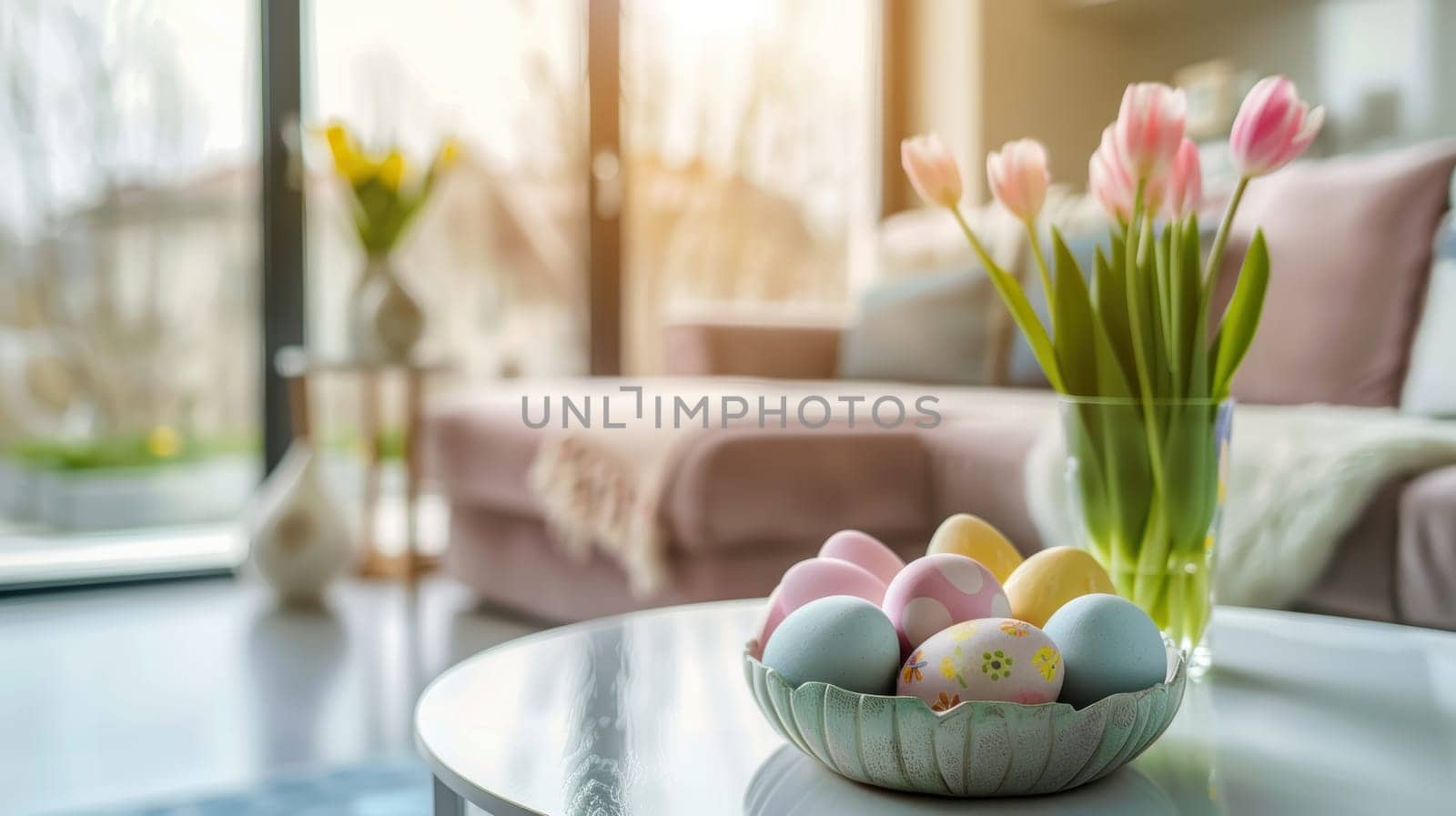 Modern living room features pastel-colored easter decorations, including a vase of tulips and a bowl of painted eggs on a sleek coffee table. natural light adds a cozy ambiance, enhancing the festive yet elegant holiday setting.