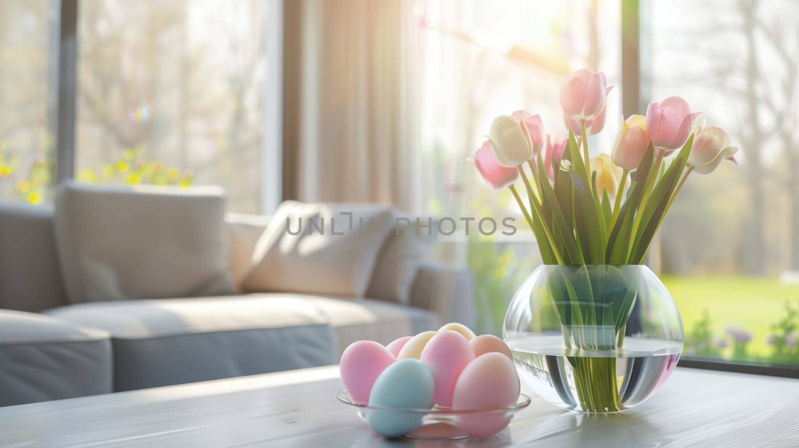 A minimalist living room featuring sleek furniture and easter-themed decorations. a clear vase with tulips brightens a sunlit space while pastel-colored eggs are elegantly arranged in a glass bowl, adding a festive touch.