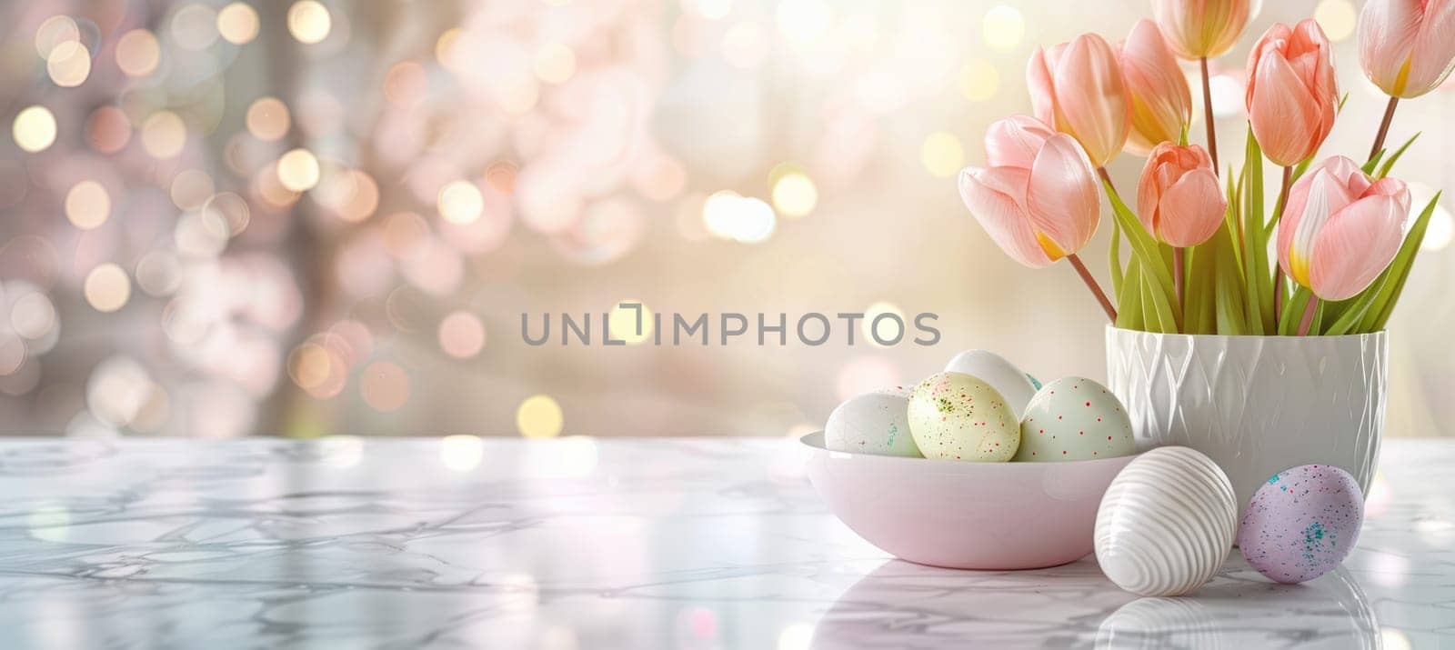 Elegant easter scene with a white marble surface showcasing a vase of fresh tulips and a bowl of decorated easter eggs. soft natural light and a bokeh background enhance the serene, festive atmosphere, ideal for spring-themed designs.