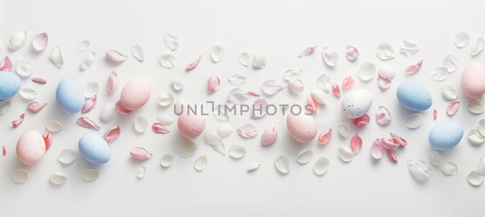 Pastel-colored easter eggs and delicate floral petals are arranged neatly on a white background. this flat lay composition embodies minimalist design, creating a serene and elegant aesthetic perfect for seasonal greeting cards or decoration.