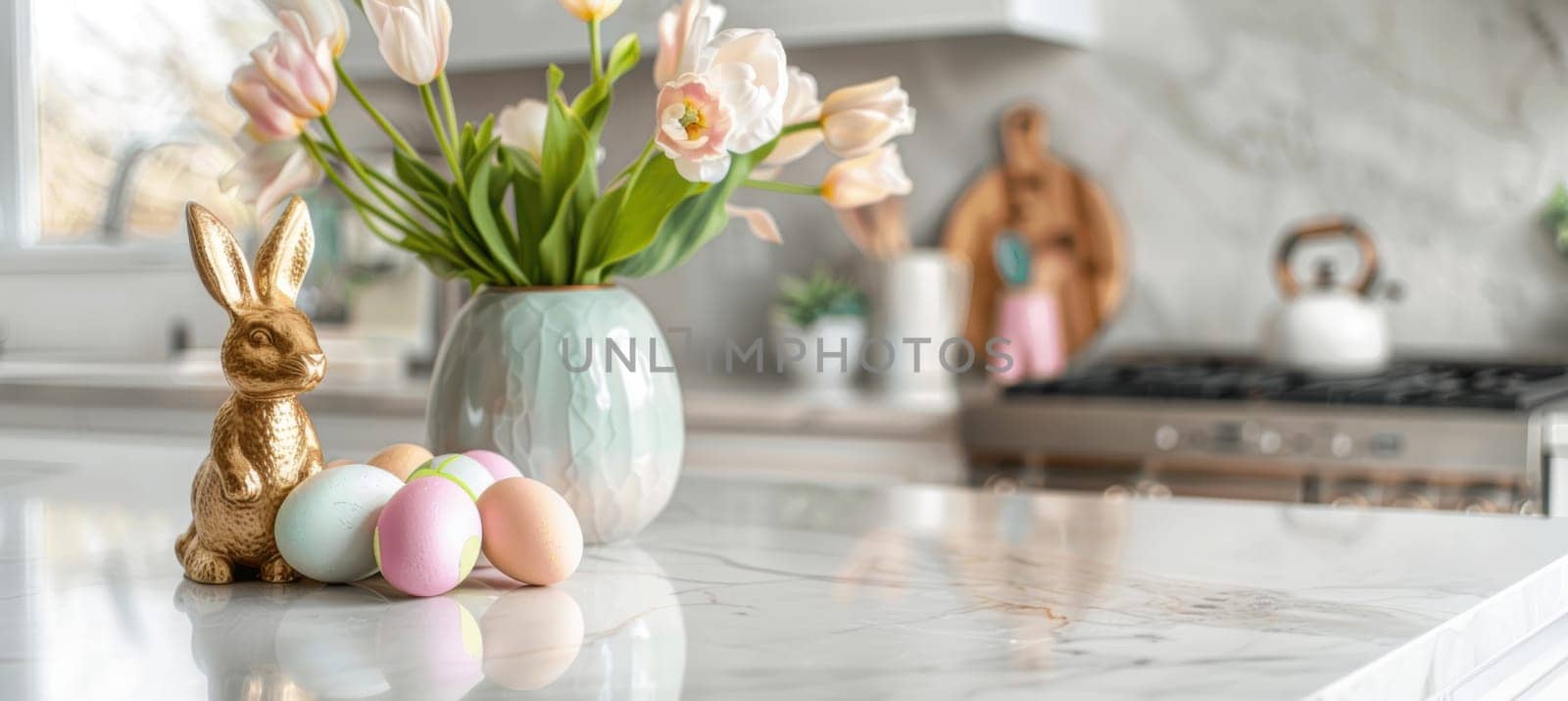 A stylish easter-themed kitchen setting featuring a vase of blooming tulips on a marble countertop. pastel-colored eggs and a golden bunny figurine accentuate the festive atmosphere, creating a serene and elegant holiday ambiance.