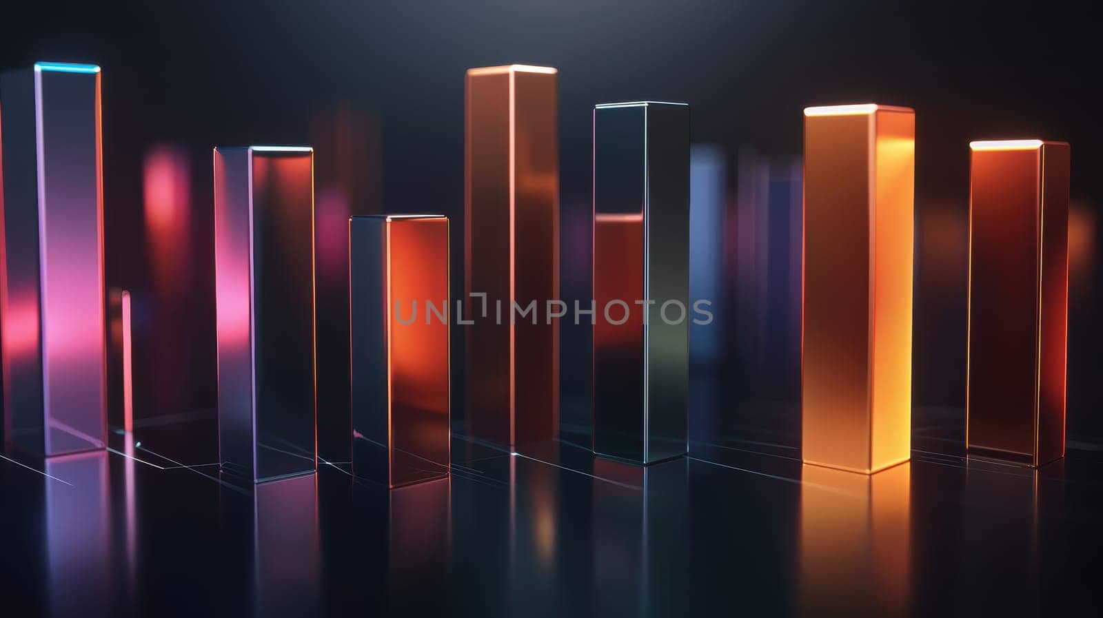 A futuristic 3d bar chart illustrating global market share of electric vehicle manufacturers in 2024. the bars feature sleek, metallic colors with a glossy finish, set against a sophisticated dark background, ideal for financial reports.