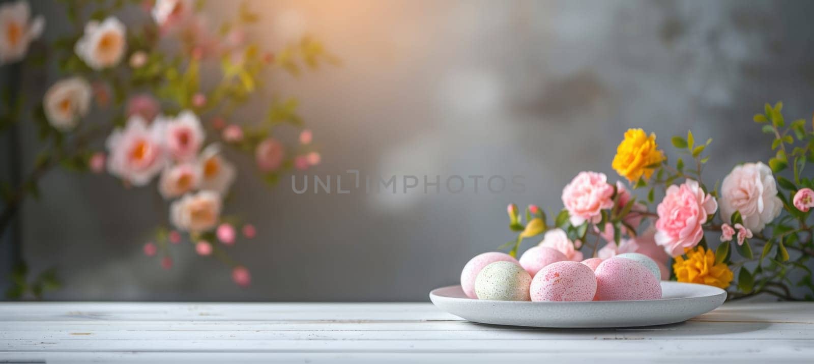 Minimalist easter scene featuring pastel-colored eggs on a white wooden table. a soft-focus pink and yellow flower bouquet adds a fresh spring ambiance, perfect for seasonal cards and posters celebrating renewal and growth.