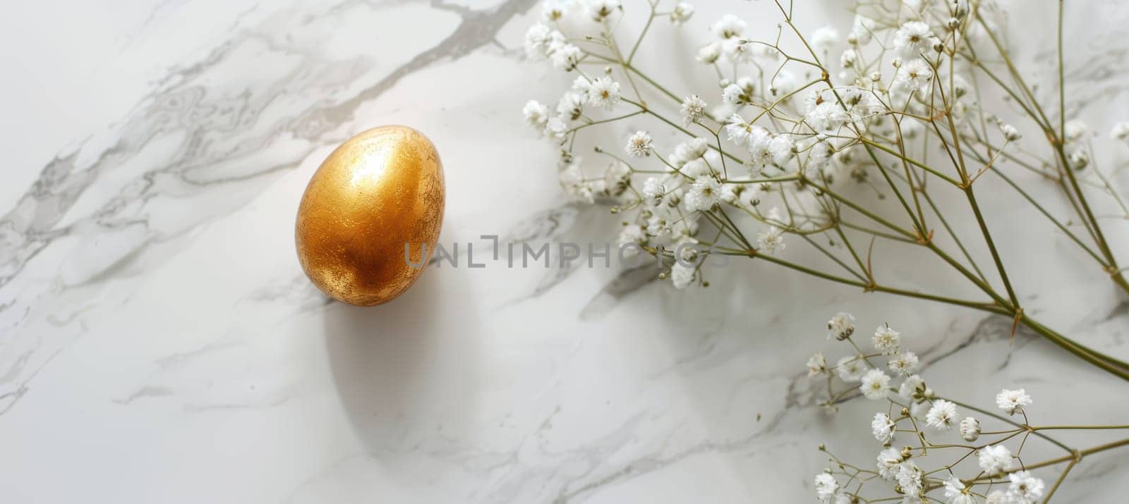 Modern easter card featuring a minimalist aesthetic with a golden egg on white marble, accented by delicate white florals. this elegant design blends simplicity with luxury, ideal for print, cards, and poster creations.