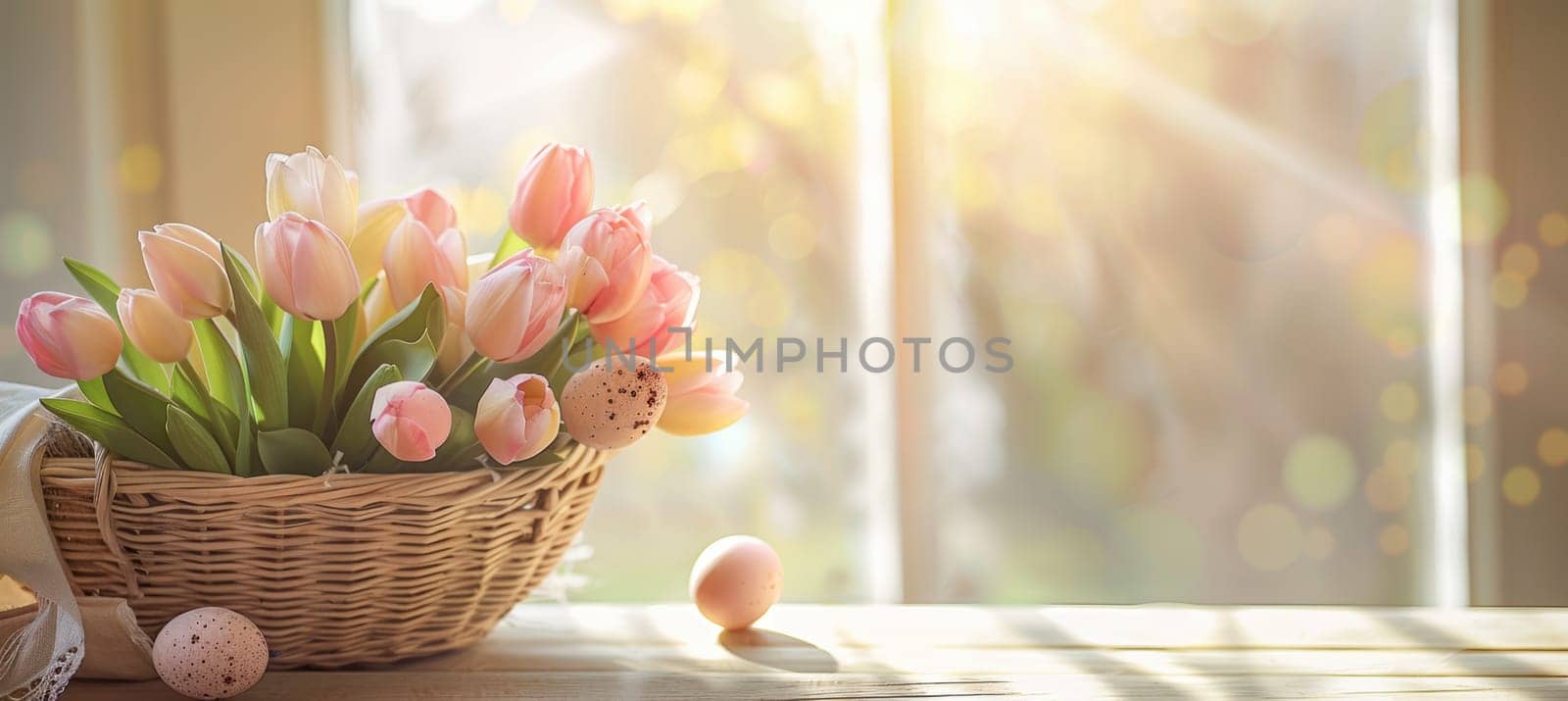 Delicate tulips and pastel-colored eggs rest in a woven basket on a wooden table, accented by soft natural lighting. the warm glow creates an inviting atmosphere perfect for springtime decor or easter celebrations.