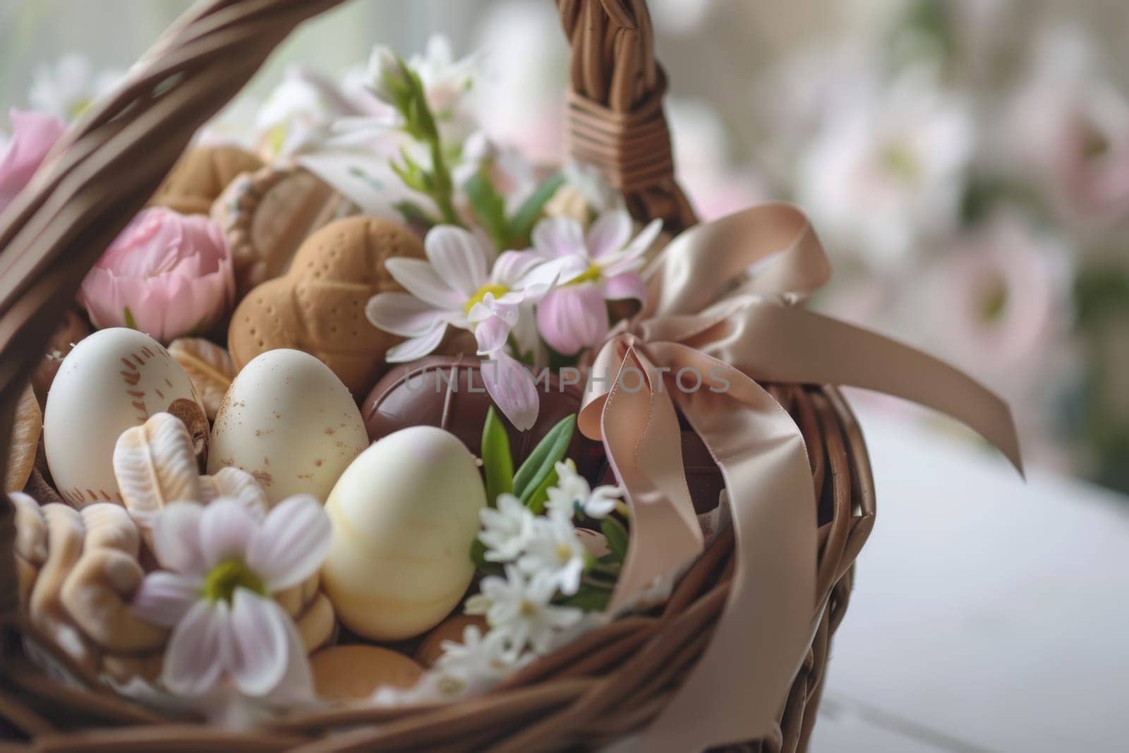 Close-up of a beautifully wrapped gift basket filled with chocolate eggs, bunny-shaped cookies, and fresh spring flowers. adorned with a satin ribbon, the basket exudes a sense of luxury, perfect for easter celebrations and gifts.
