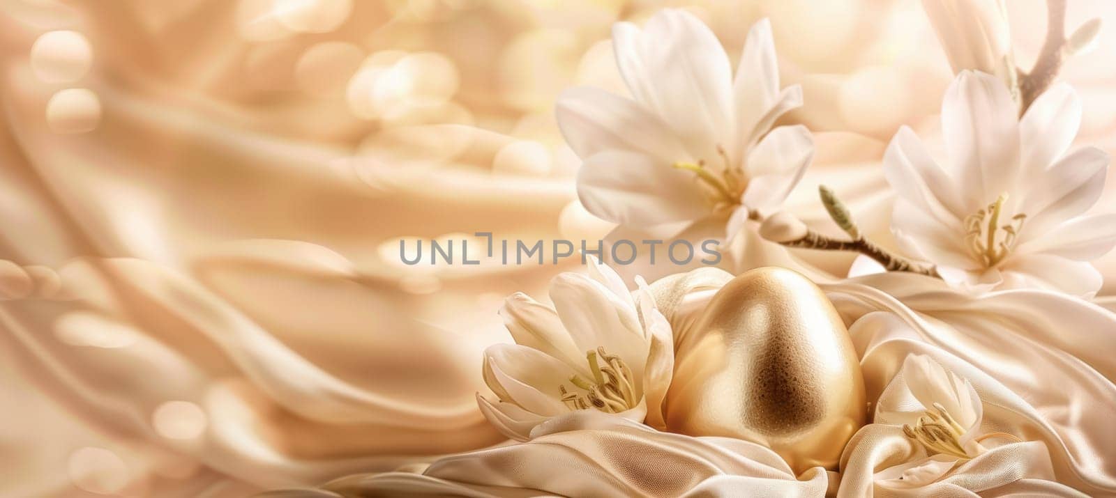 Luxurious easter-themed banner featuring a golden egg nestled in silky fabric. delicate white flowers accentuate the elegant composition, with subtle lighting creating a soft, inviting ambiance, perfect for seasonal card designs.