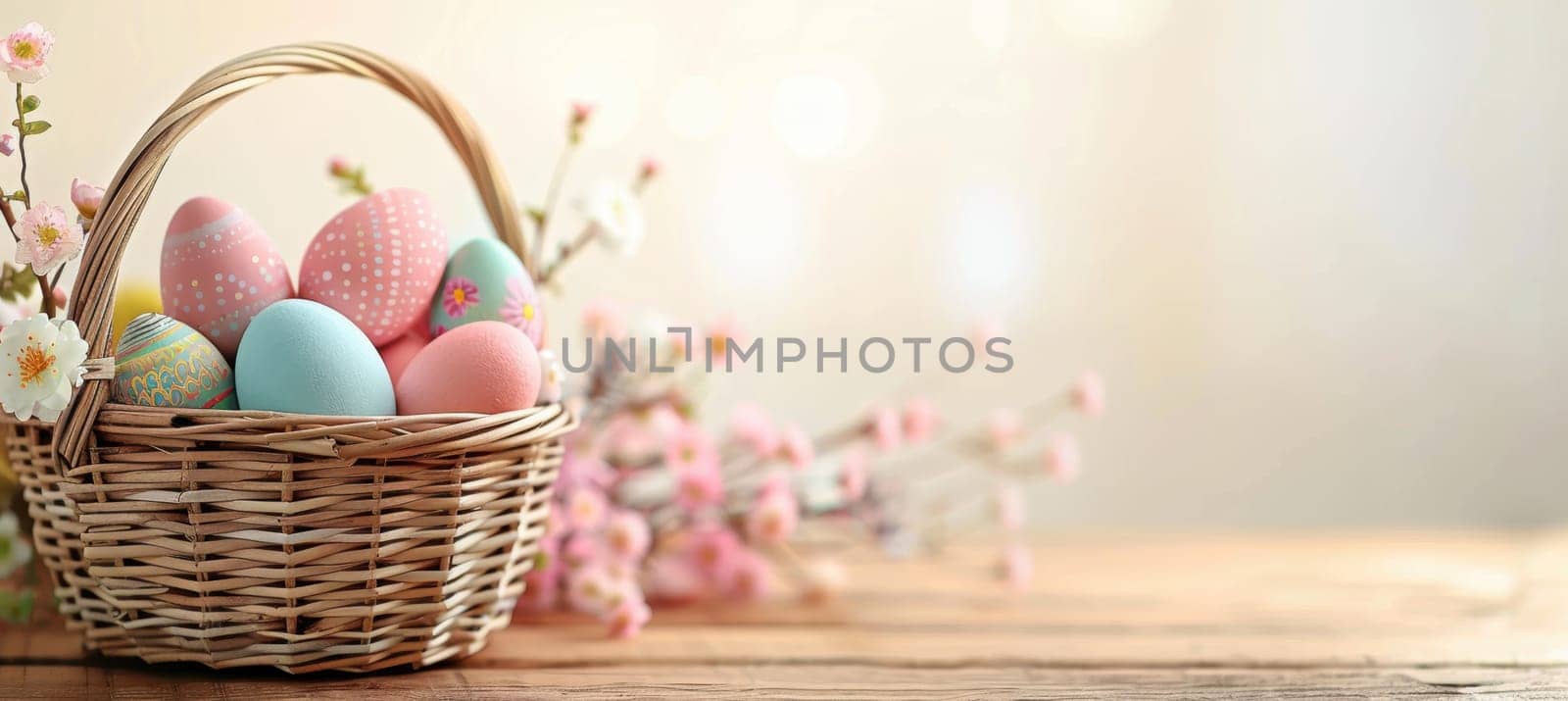 Wicker basket filled with vibrant painted easter eggs placed on a wooden table, surrounded by fresh spring blossoms. the warm, inviting atmosphere is perfect for festive decorations, greeting cards, or seasonal promotions.