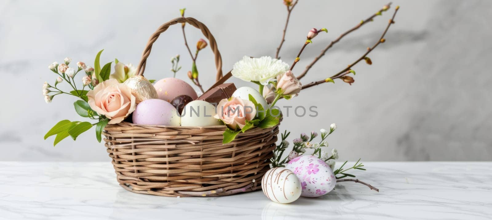 A modern easter gift basket featuring premium chocolates, pastel-colored eggs, and fresh flowers in a minimalist design. the woven basket sits on a white marble surface, complementing the spring theme with its elegant and natural elements.