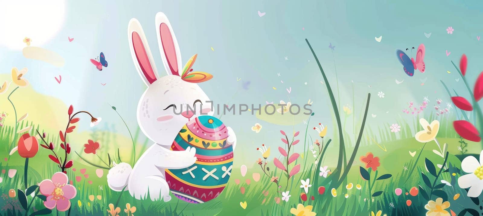 Cartoon-style bunny joyfully holds a vibrant easter egg decorated with patterns. surrounded by blooming flowers and fluttering butterflies, the scene essence of springtime in a sunny green meadow, perfect for easter designs.