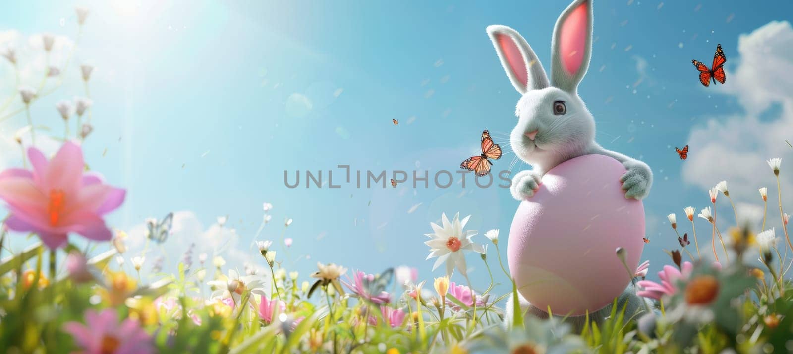 A delightful easter scene featuring a white bunny holding a pastel-colored egg amidst a vibrant field of flowers. butterflies flutter around, under a radiant blue sky with soft clouds, capturing the essence of springtime joy and renewal.
