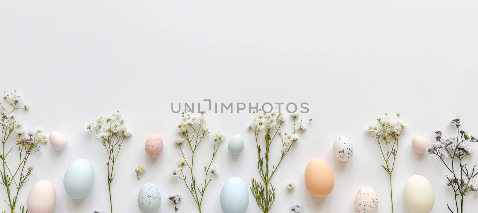 Pastel-colored easter eggs and delicate flowers arranged in a minimalist flat lay on a clean white background. ideal for easter promotions, this design provides space for text or branding, combining simplicity and elegance for seasonal projects.