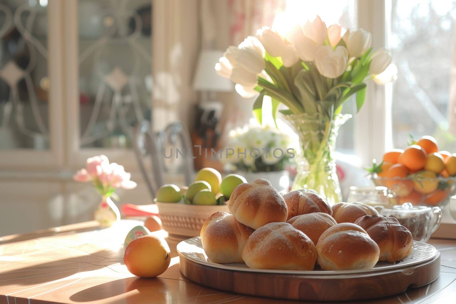 Sunlit kitchen setting featuring a cozy easter breakfast table with hot cross buns, fresh fruit, and pastel eggs. a vase of spring flowers adds a vibrant touch to the warm, inviting atmosphere, perfectly capturing the essence of easter.