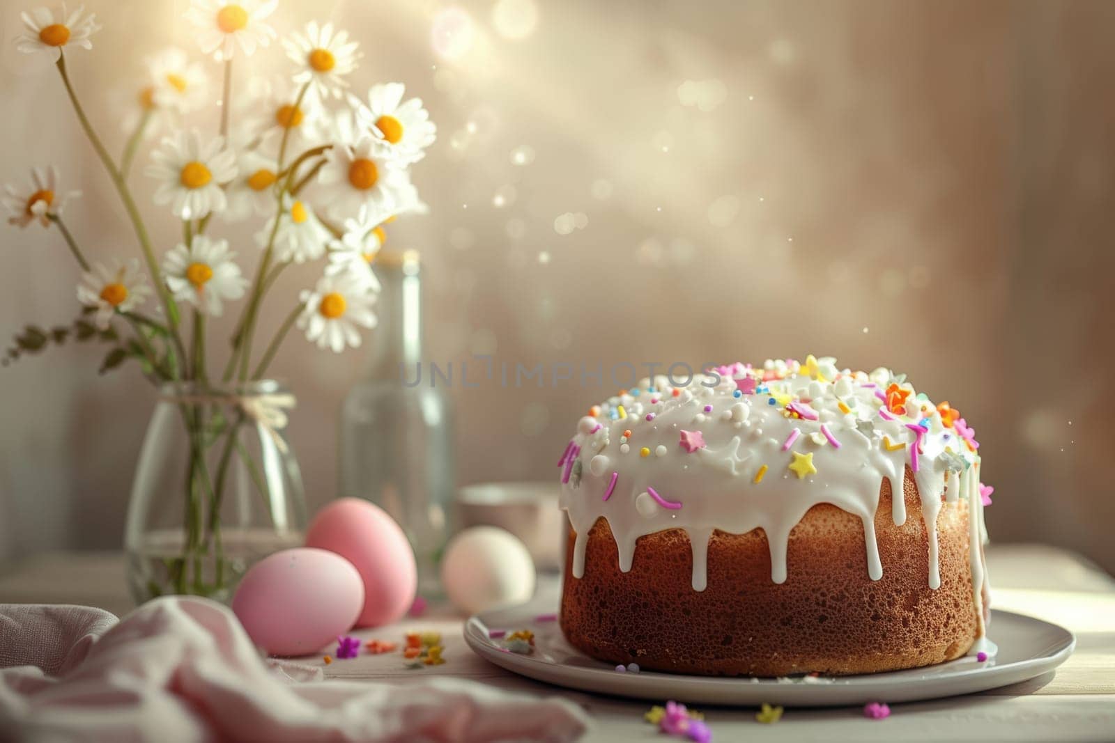 A photorealistic close-up of an easter cake adorned with white icing and pastel sprinkles, placed by a vase of daisies and easter eggs. soft sunlight creates a warm atmosphere, perfect for celebrating the spring season.