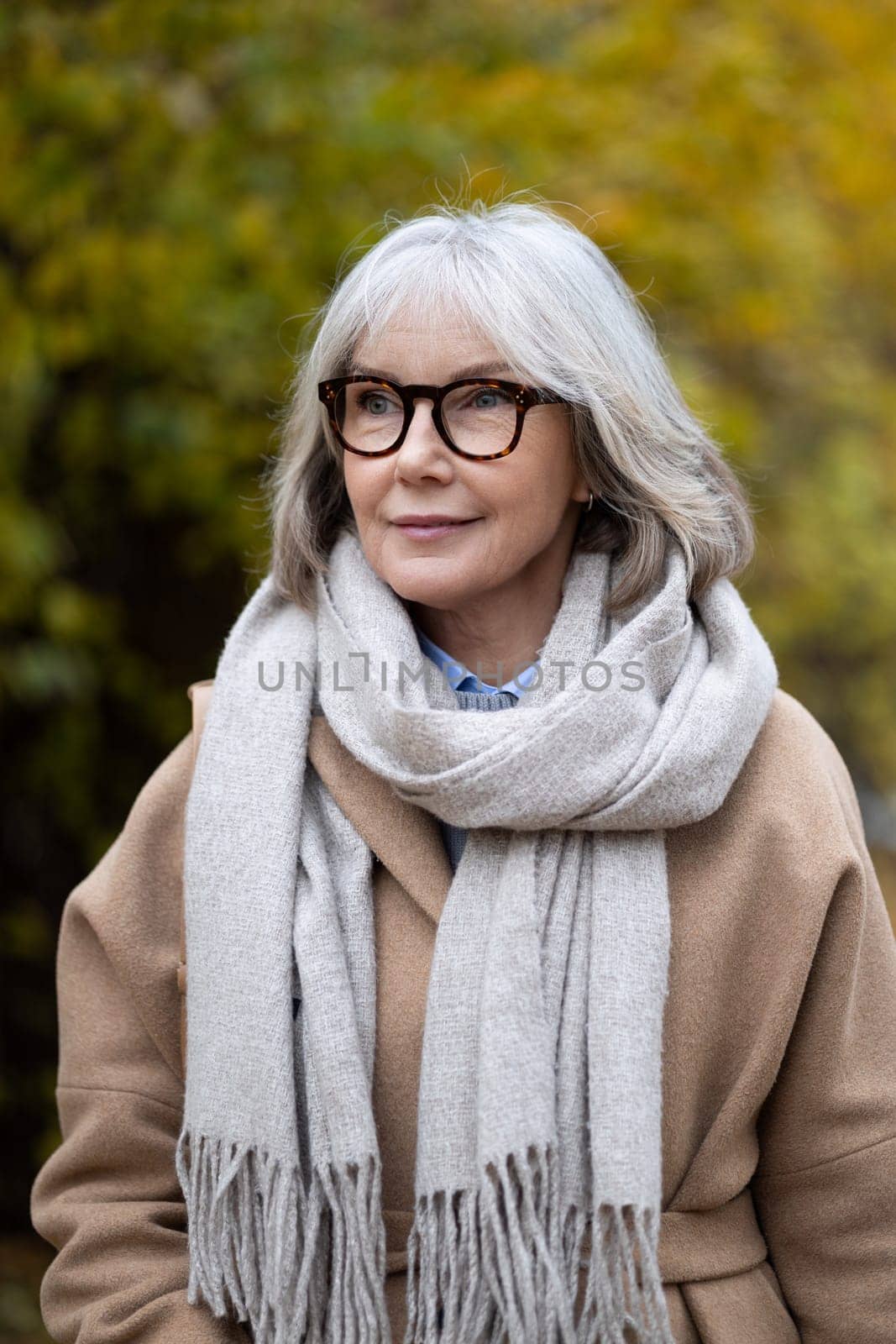 A woman with gray hair and glasses walks leisurely through a park during autumn. She is dressed warmly in a coat and scarf, taking in the beautiful fall scenery.