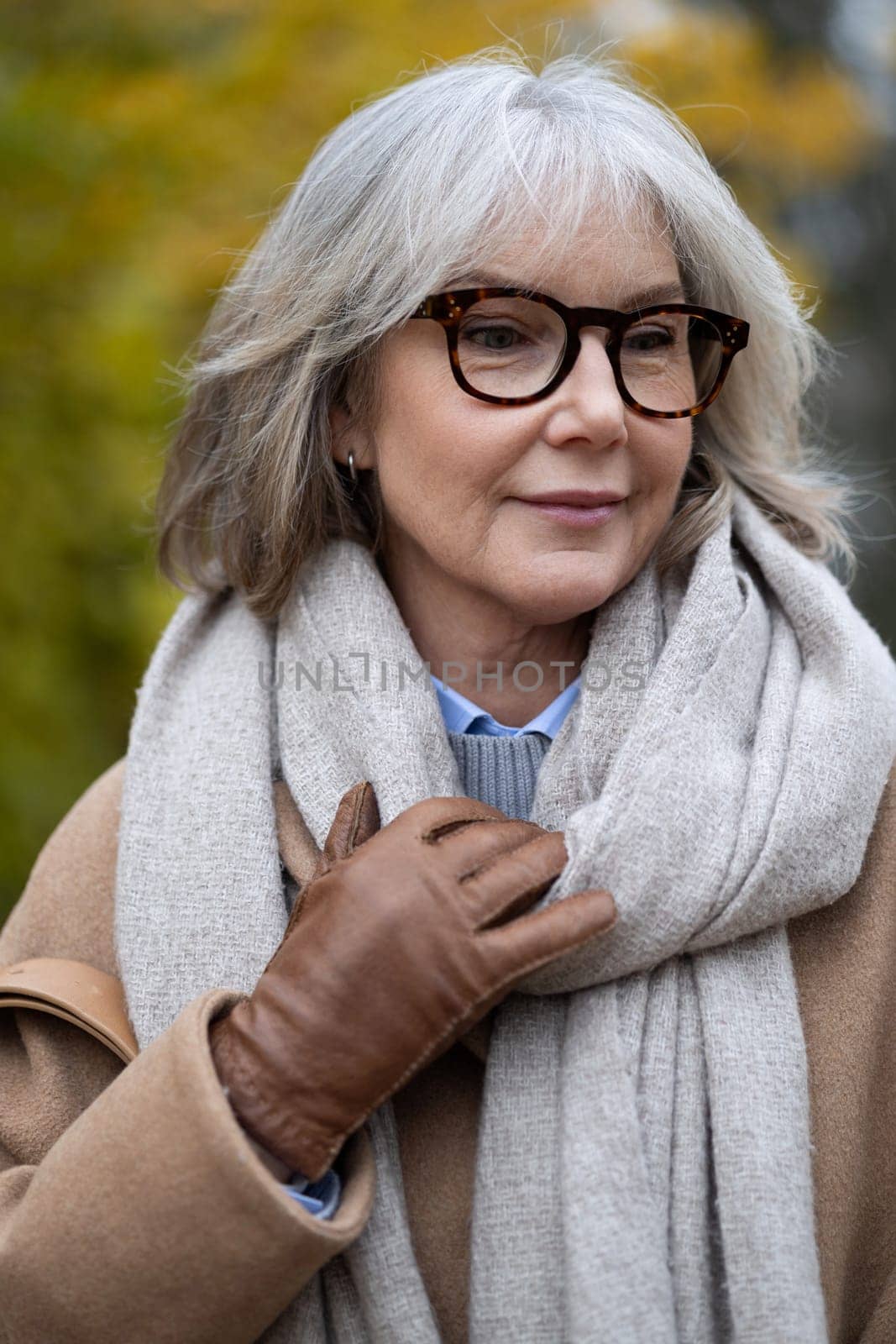 A woman with gray hair wearing glasses and a soft scarf walks through the park on a sunny autumn day, enjoying the vibrant colors of the leaves around her.