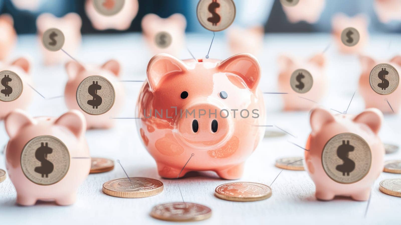 A piggy bank surrounded by diverse coins symbolizing teamwork and savings in a bright, modern office setting. the image reflects financial collaboration, goal setting, and the collective effort of saving money effectively.