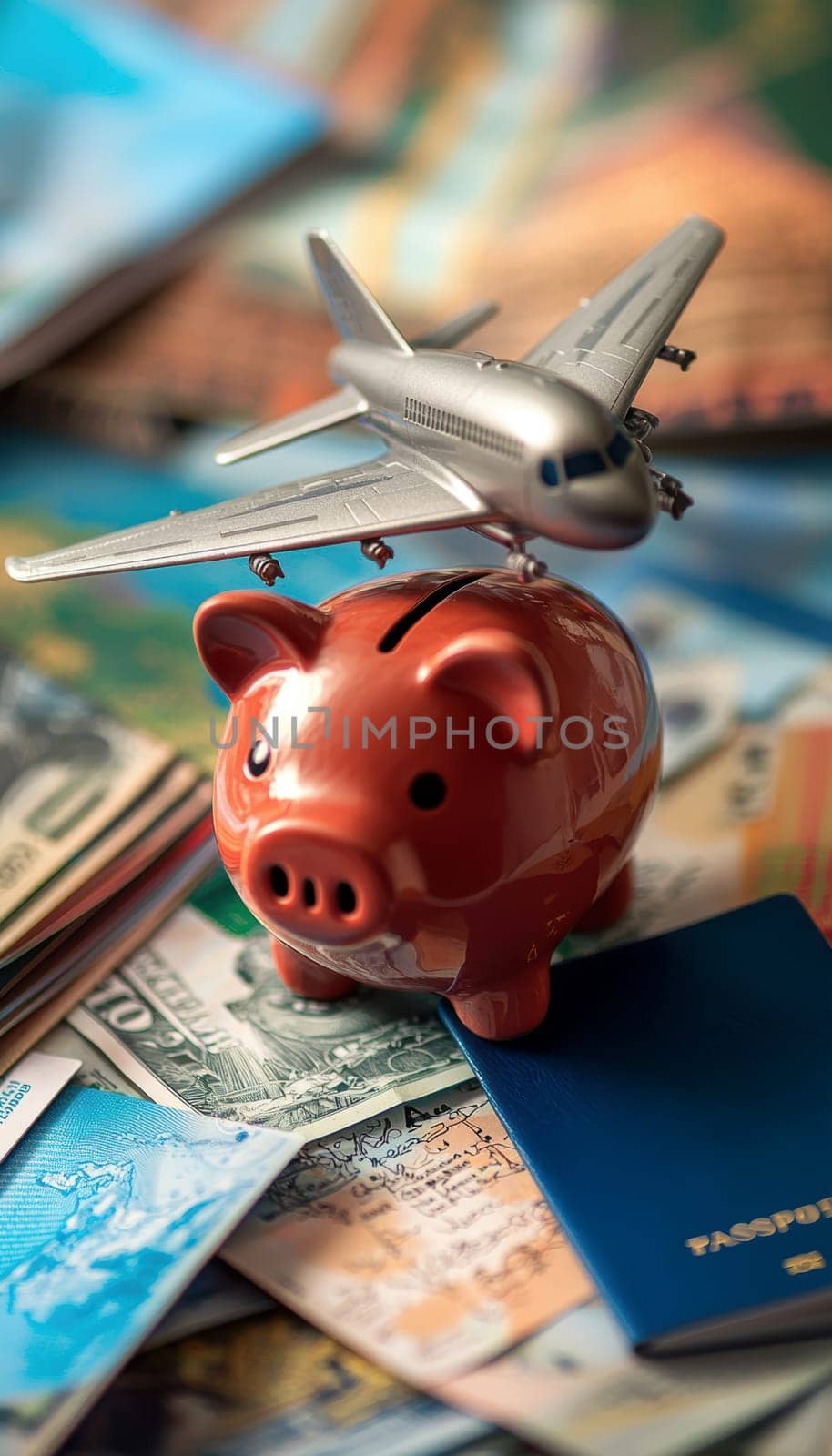 Piggy bank designed like an airplane set amid travel brochures and passports, symbolizing the concept of saving money for a big travel adventure. the backdrop includes a colorful world map, enhancing the theme of global exploration.