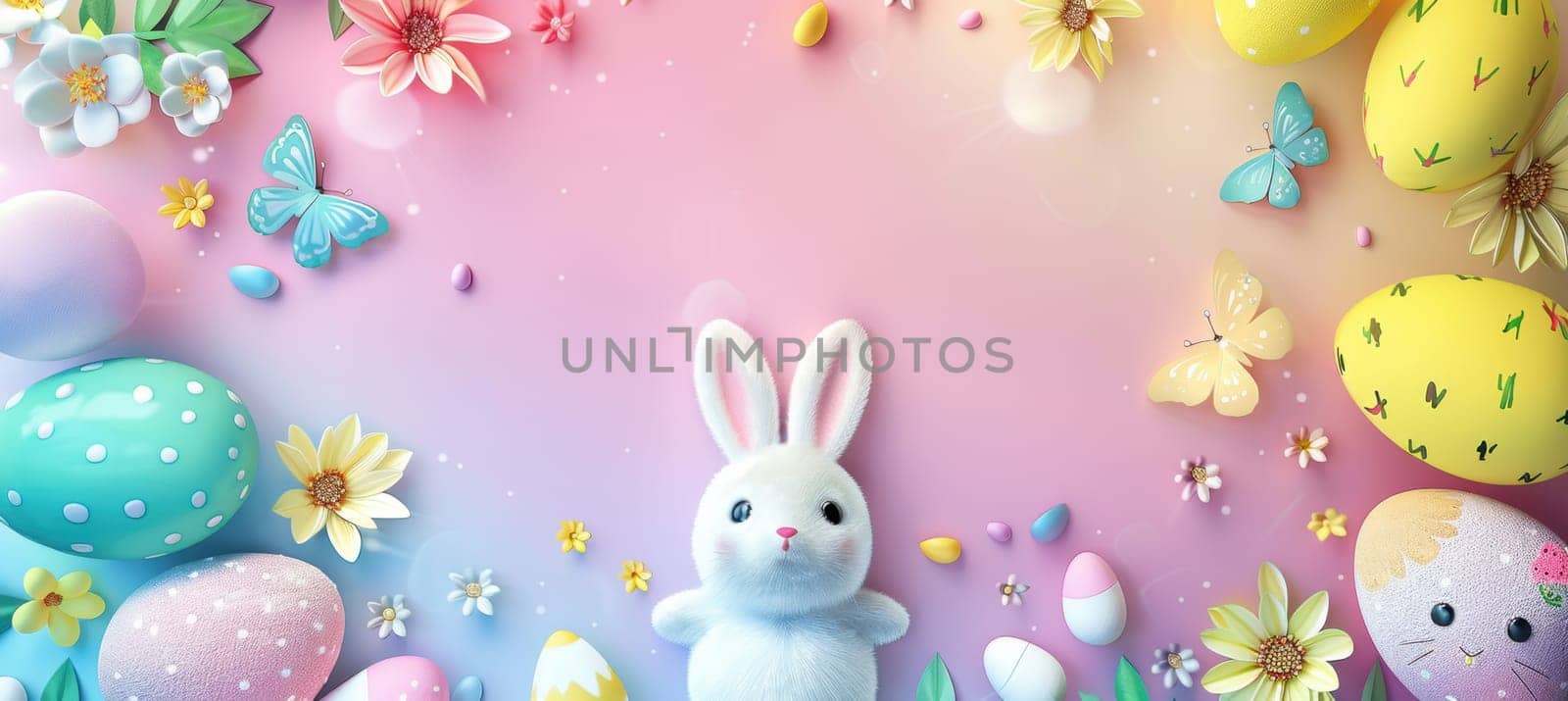 Vibrant easter-themed poster featuring whimsical illustrations of bunnies, chicks, and decorated eggs. the festive background showcases pastel colors, butterflies, and spring flowers, perfect for advertising children's events in a playful setting.