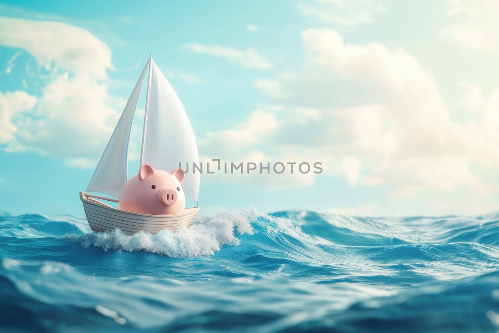 Symbolizing financial strategies, a piggy bank sails through crashing ocean waves under a bright sky. this creative scene illustrates the journey of managing finances amidst unpredictable circumstances in a metaphorical adventure.