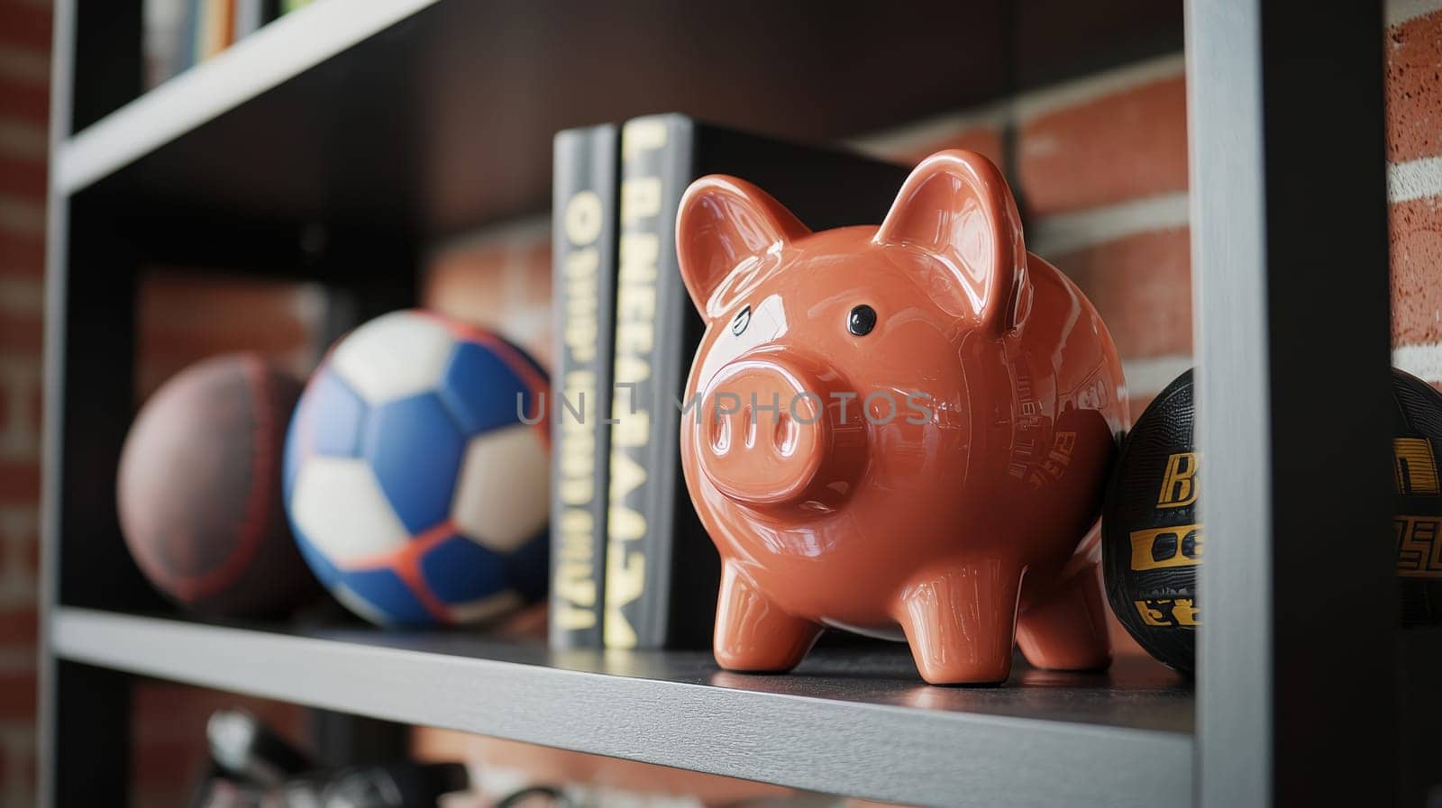 Trophy-shaped piggy bank displayed on a wooden shelf surrounded by sports memorabilia symbolizes the idea of saving for future sports and fitness goals, blending financial planning with athletic aspirations in a creative manner.