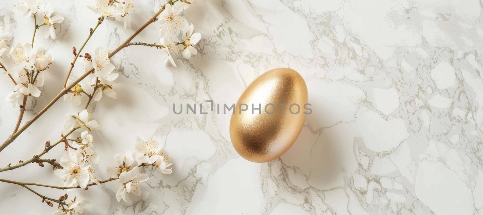 A modern easter card design featuring a single glossy gold egg centered on a white marble surface. delicate pastel floral accents gently frame the egg, enhancing the luxurious and sophisticated aesthetic, ideal for seasonal greetings.