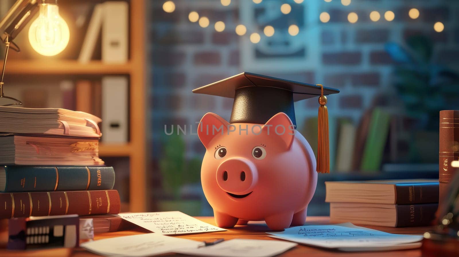 Piggy bank wearing a graduation cap amidst college acceptance letters and textbooks, signifying saving for tuition. the scene is set in a well-lit study area, emphasizing education, finance, and future planning themes.