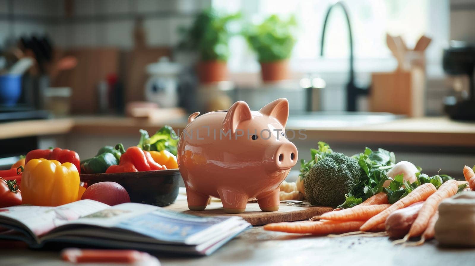 Piggy bank on a kitchen table amidst fresh vegetables, cookbooks, and baking supplies, representing budgeting and meal planning. the kitchen setting enhances themes of household financial management and healthy family nutrition.