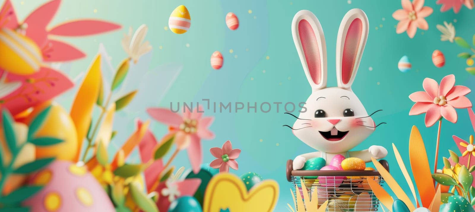 Playful easter poster featuring a cheerful bunny holding a basket of colorful eggs. the vibrant background includes flowers and easter-themed decorations, capturing a festive, springtime atmosphere perfect for holiday event promotion.