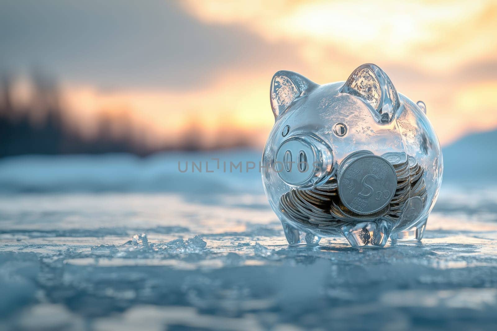 A transparent piggy bank crafted from ice reveals coins inside as it slowly melts, set against a cool, icy backdrop. symbolizes the urgency of financial prudence and the fleeting nature of opportunities, amid a winter scene.