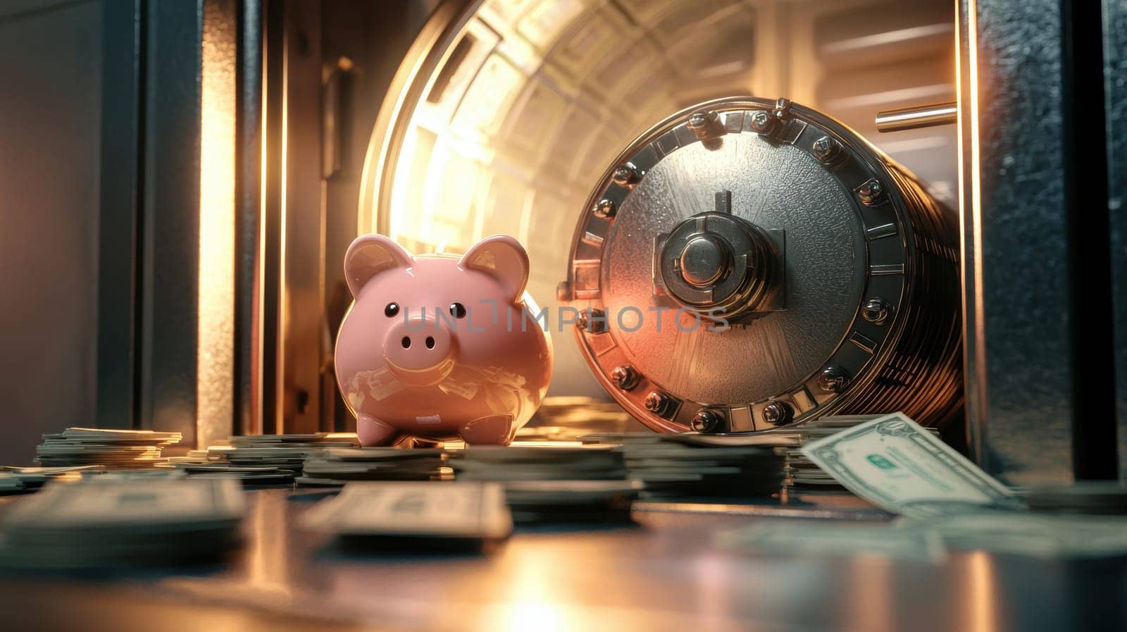 Piggy bank in an illuminated bank vault symbolizes security and savings. the partially open vault door reveals stacks of cash, emphasizing wealth accumulation and financial protection. ideal for finance, banking, and investment themes.
