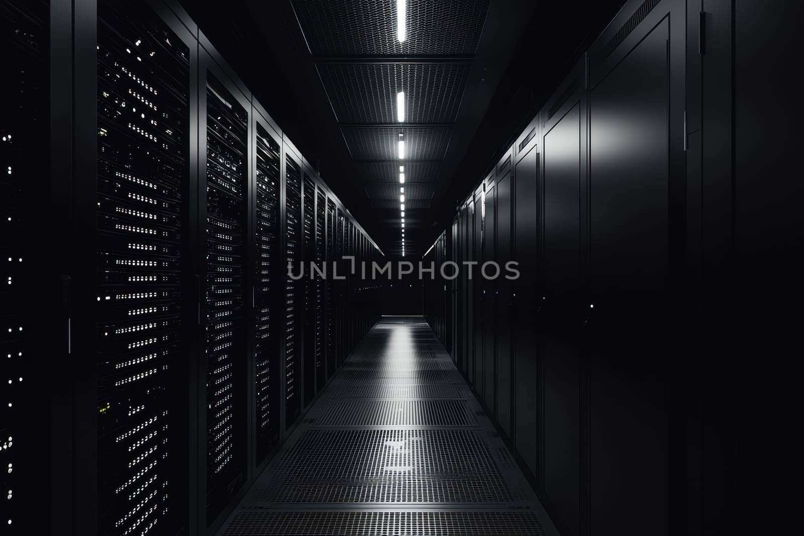 A dimly lit data center corridor showcases rows of server racks on both sides, emitting a soft glow from blinking lights. the scene conveys a high-tech environment focused on continuous data processing, reflecting innovation and security.