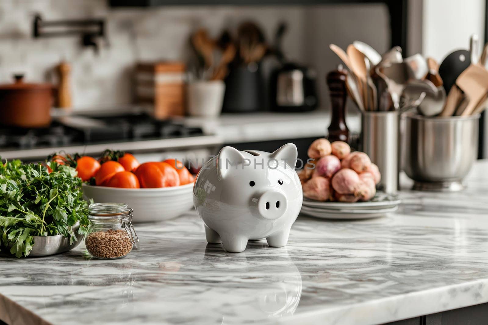 Piggy bank on a marble countertop in an upscale kitchen setting, surrounded by designer kitchenware and gourmet ingredients. perfect for themes of budgeting for fine dining, luxury cooking, or high-end culinary experiences.