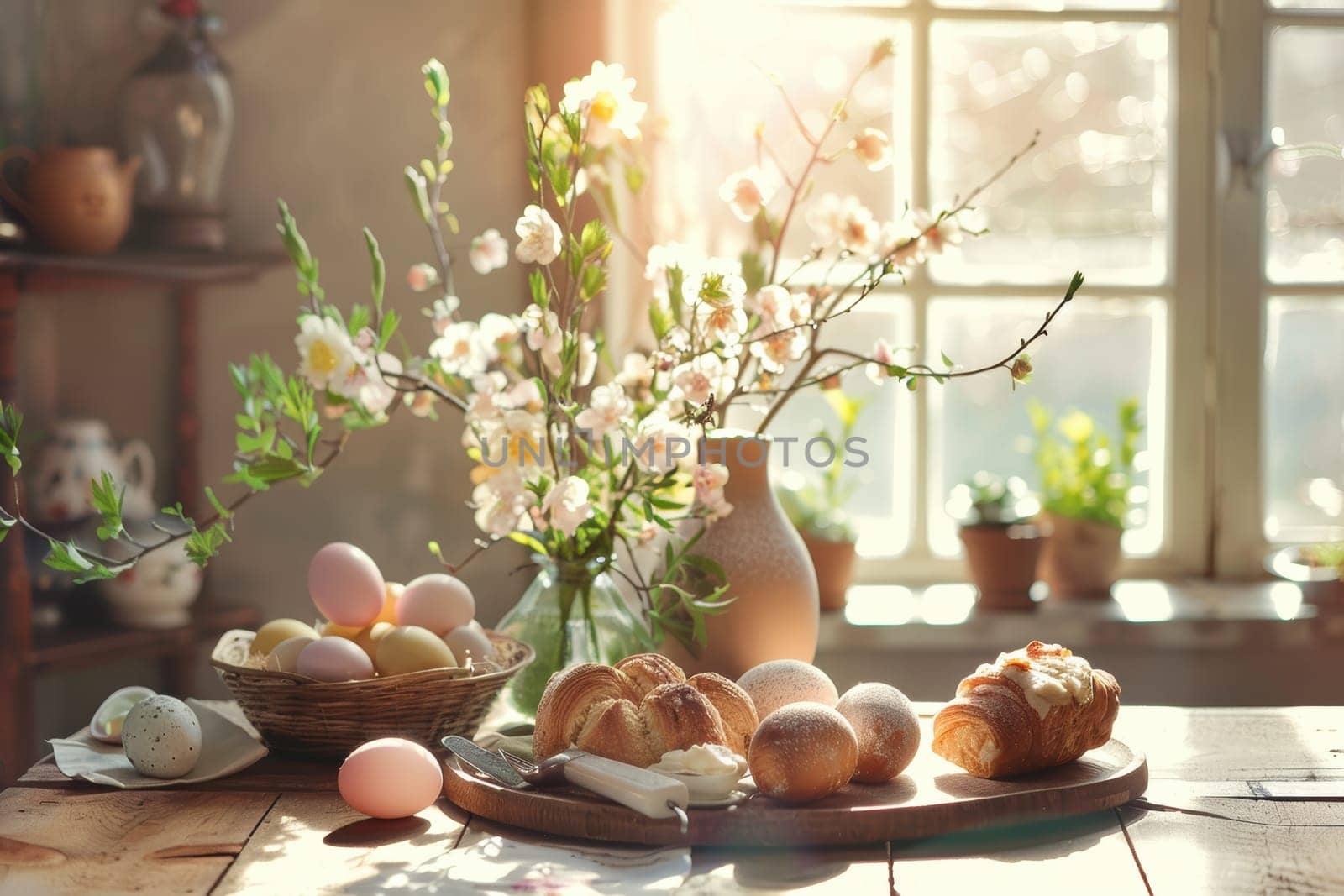Rustic wooden kitchen table adorned with fresh pastries, intricately decorated easter eggs, and vibrant spring flowers in a vase. sunlight pours through the window, creating a cozy, inviting atmosphere perfect for holiday gatherings.