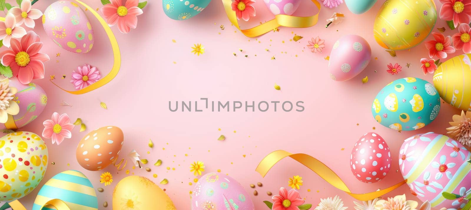 Vibrant easter-themed design featuring a wreath of pastel-colored eggs adorned with intricate patterns, surrounded by spring flowers and ribbons. the centered space offers an ideal area for text, making it perfect for festive cards or posters.
