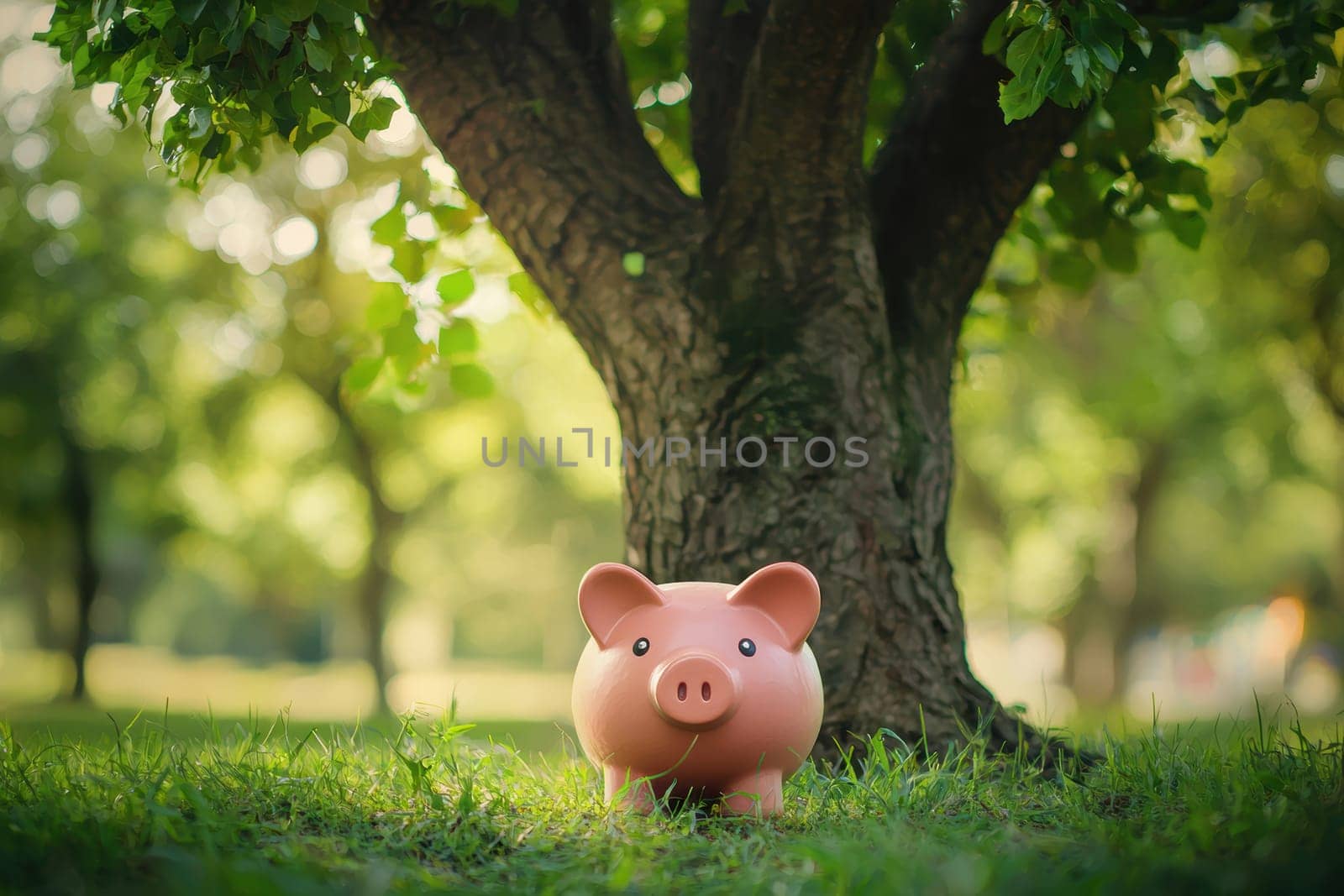 A piggy bank positioned beneath a large, lush tree in a sunlit park evokes themes of financial growth and investment nurturing. the serene environment highlights nature's role in the metaphorical representation of wealth accumulation.