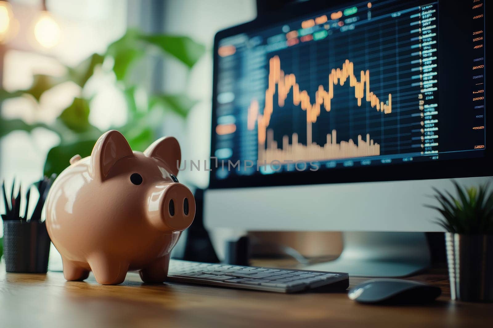 A piggy bank rests on a desk beside a computer monitor showing stock market graphs. symbolizes prudent financial planning and investment strategies, the importance of savings in digital financial analysis.