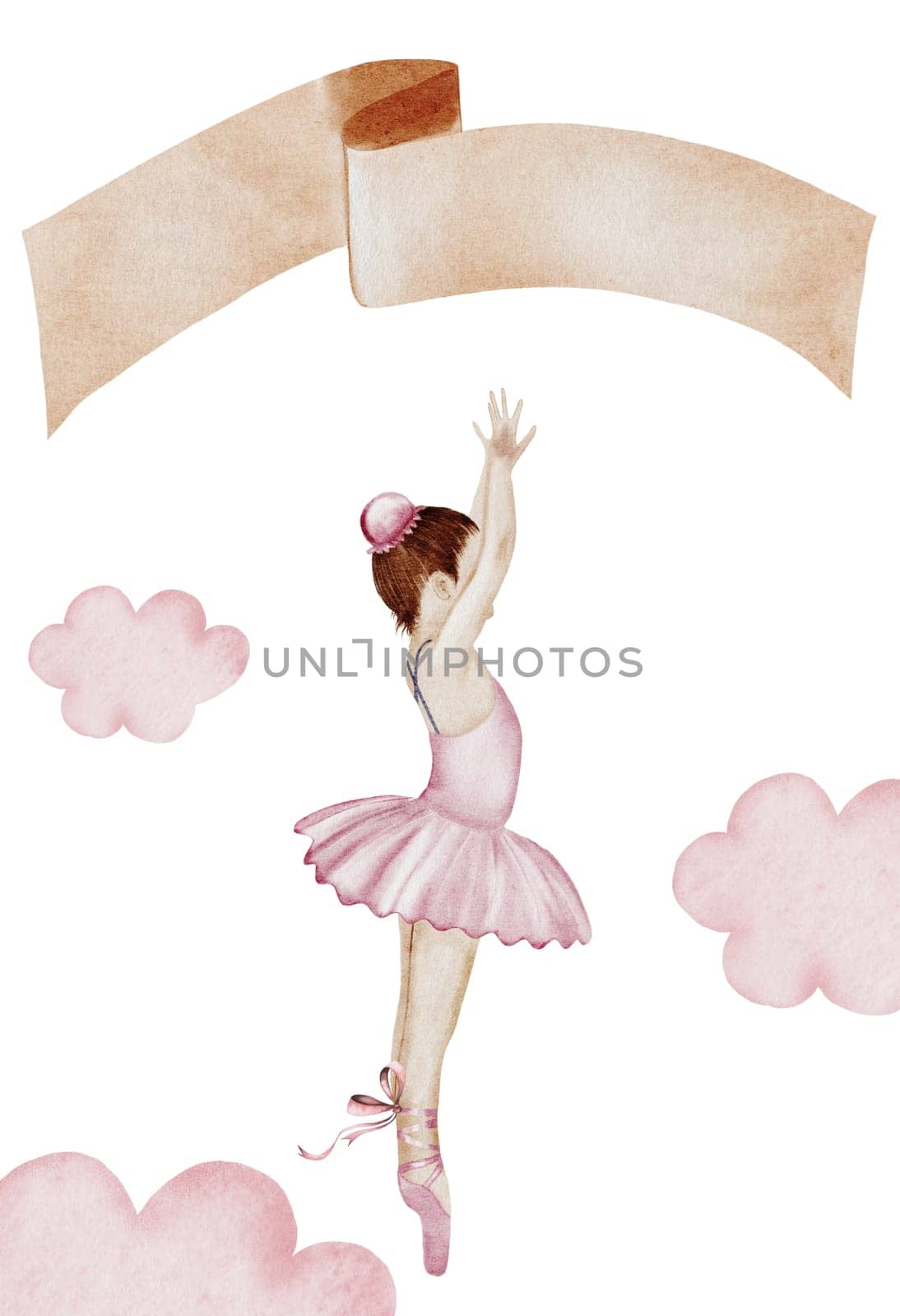 Ballet watercolor.Little Ballerina. Hand drawn incredible girl dancer in pink tutu skirt. Clip art on isolated white background of cute ballet beauty. Perfect for poster and cards, princess daughter room design. High quality illustration