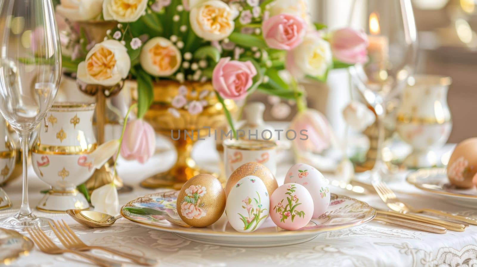 Luxurious easter table setting featuring fine china, golden cutlery, and a vibrant floral centerpiece of tulips and roses. elegantly decorated easter eggs enhance the festive atmosphere, perfect for a grand celebration or holiday poster.